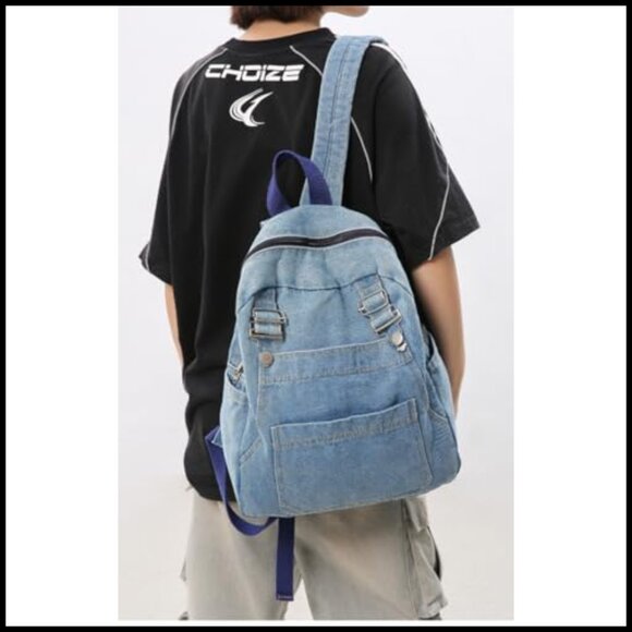 Denim Canvas Backpack Casual Daypack Lightweight Rucksack Y2K Grunge Aesthetic main image 6
